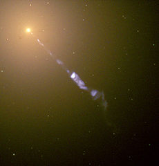 M87 with jet M87 with jet caused by the black hole in the center of this galaxy. Credit: NASA, ESA.