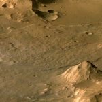 Mars, Libya Montes Mars: A dry, rocky river bed, in the shape of a narrow channel, lying in a larger valley in the Libya Montes highland region. The elevation is exaggerated by a factor of three (view looking northeast).